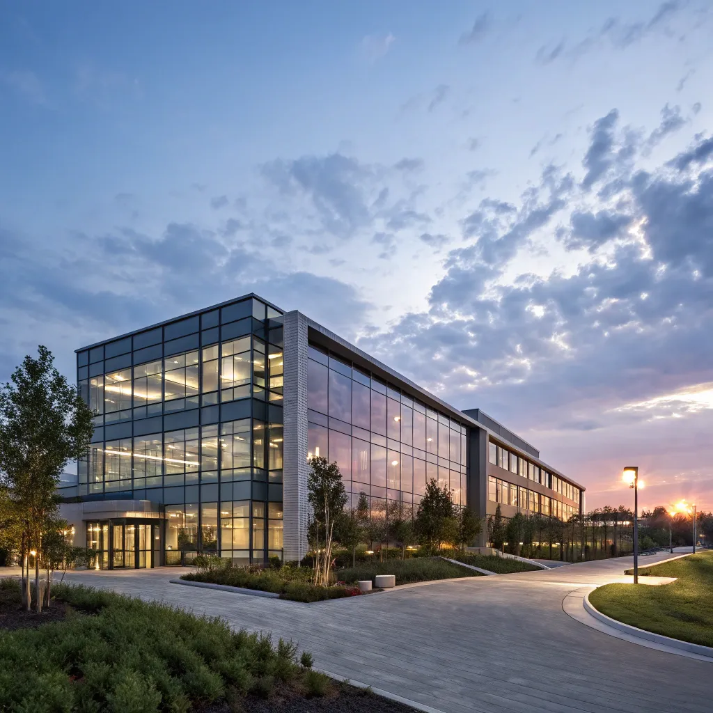 Company building at dusk